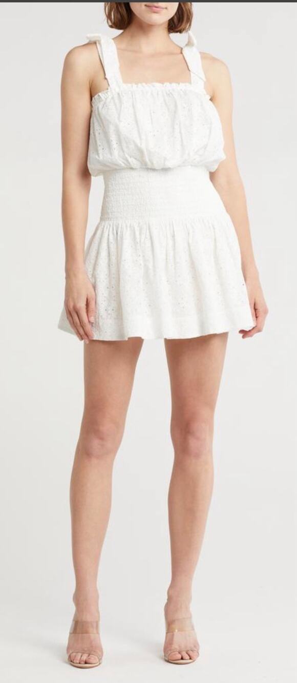 Ramy Brook Mini Dress Laurel Smocked White Cotton Lace Smocked Waist Large